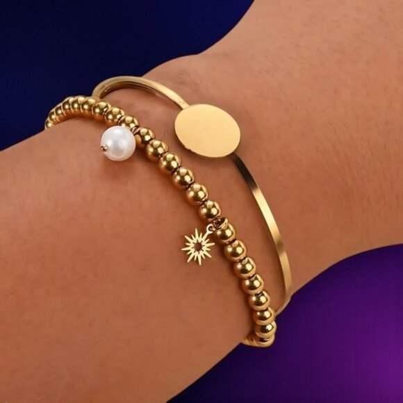 🆕️18K Gold Plated Stainless Steel Beaded Bracelet with Sun & Pearl Charms ✨ - Picture 3 of 12